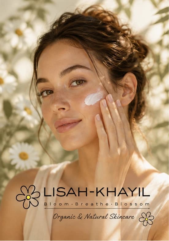 Lisah-Khayil organic and natural skincare model applying cream with brand logo