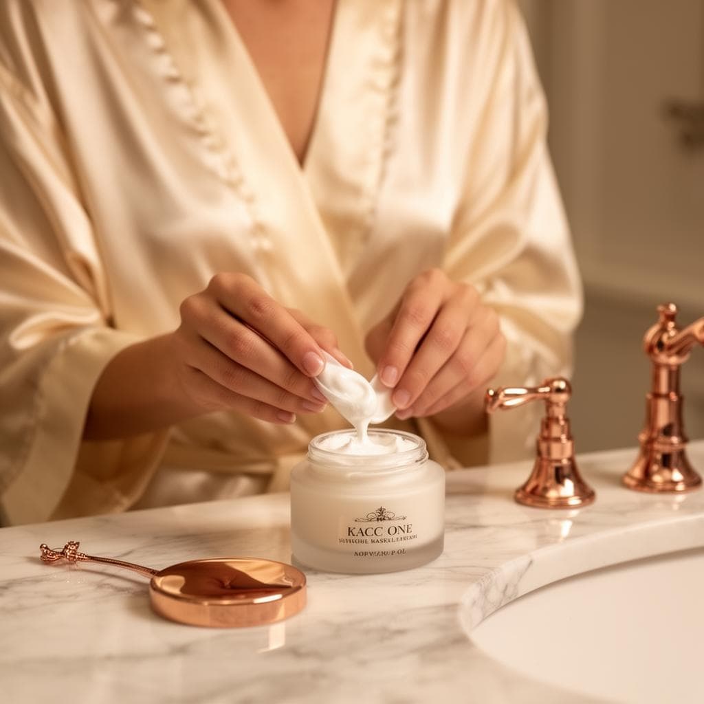 Elegant natural skincare ritual for mature skin with botanical products and soft light