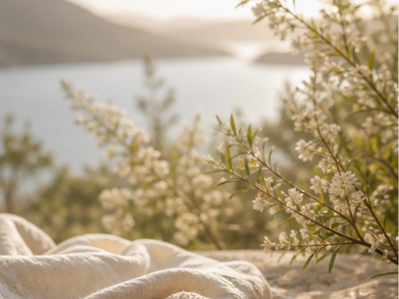 Soft botanical scenery with linen and warm natural light for a mature skincare ritual
