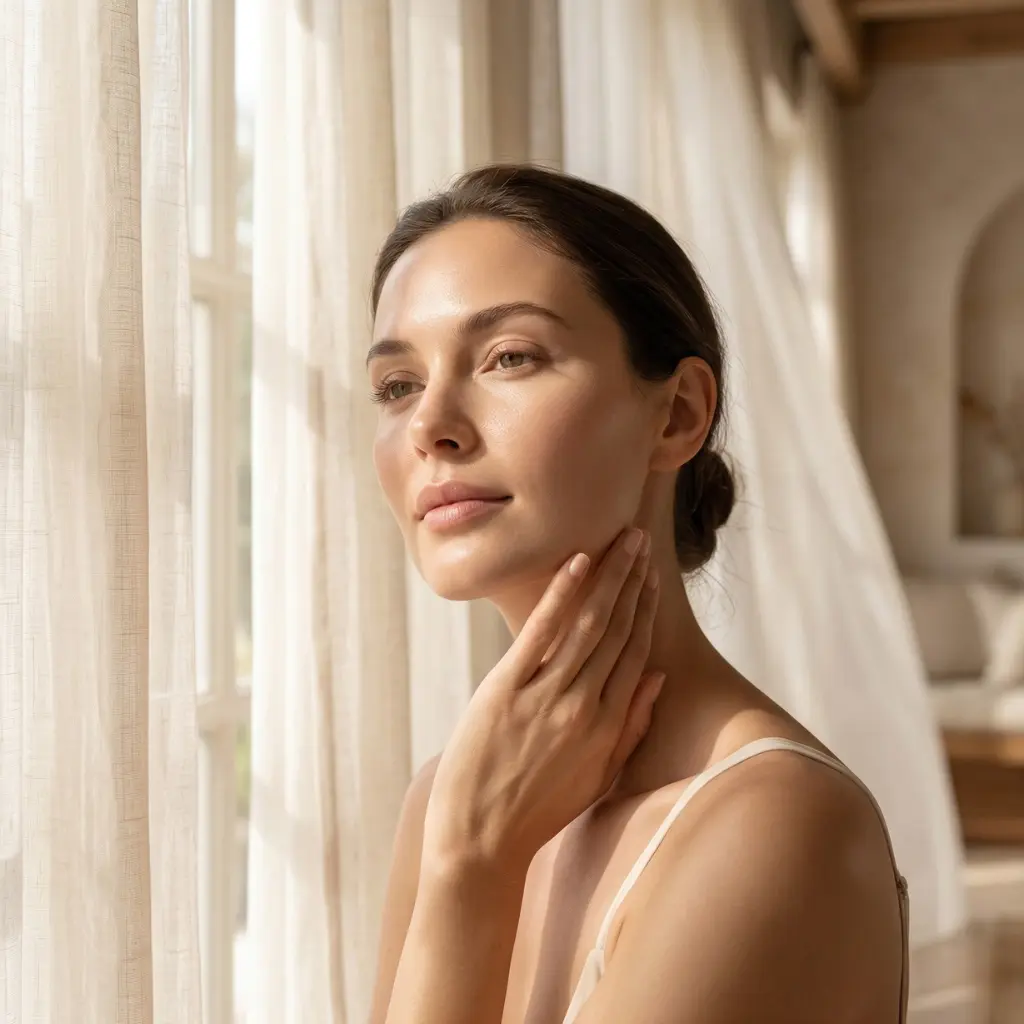 Woman with radiant skin gently touching her neck by a sunlit window
